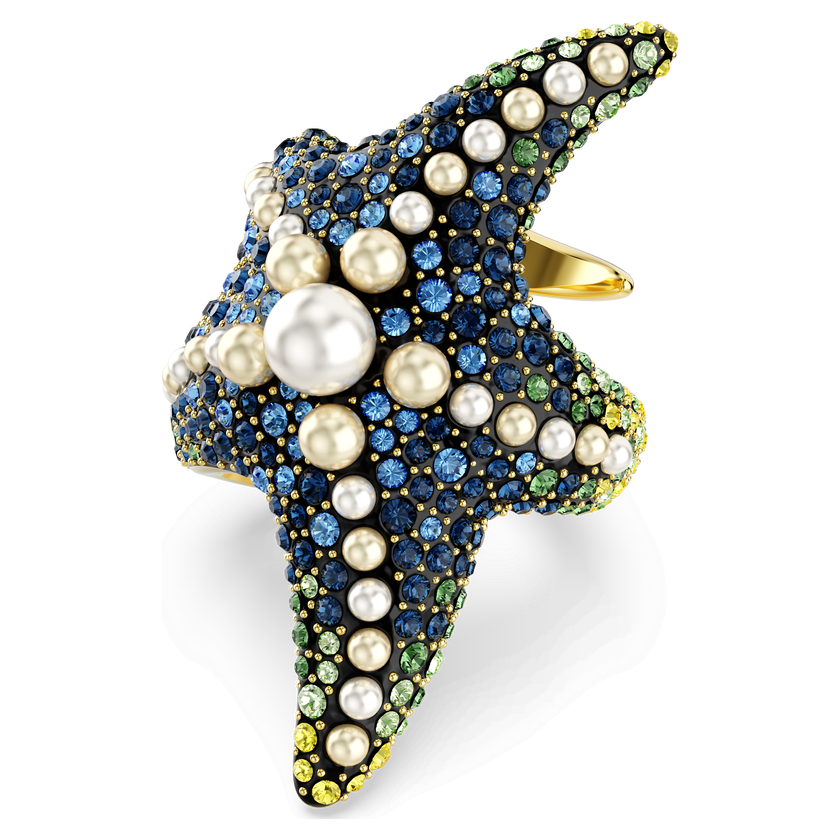 swarovski خاتم كوكتيل idyllia، لآلئ كريستال، شكل نجمة بحر، ألوان متعددة، طلاء بلون ذهبي