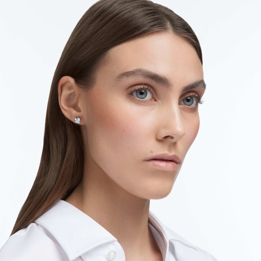 swarovski أقراط دبوسية stilla attract، قطع مربع، لون أبيض، طلاء روديوم