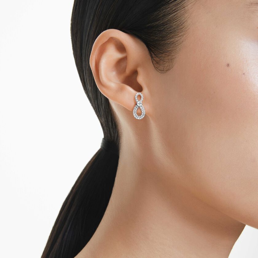 swarovski أقراط دبوسية hyperbola، قطع مُستدير، ترصيع بافيه، شكل لا نهاية، لون أبيض، طلاء روديوم