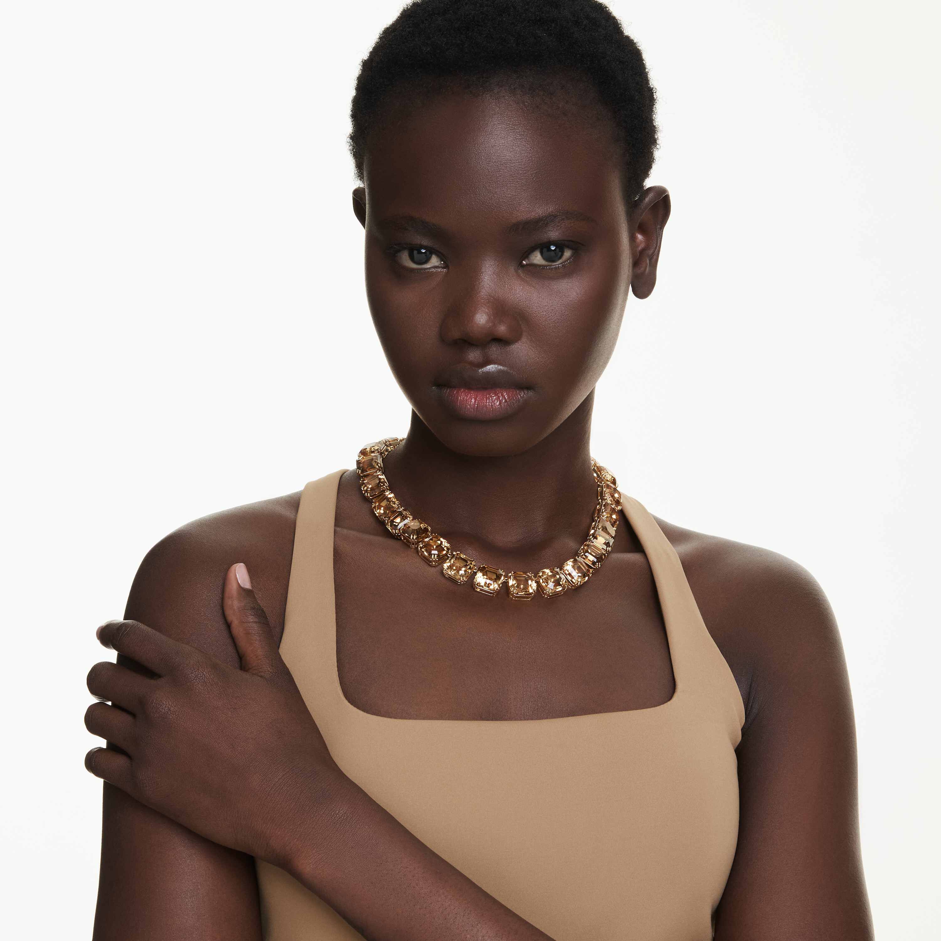 swarovski عقد matrix tennis، قطع مثمن، لون كراميل، طلاء باللون الذهبي