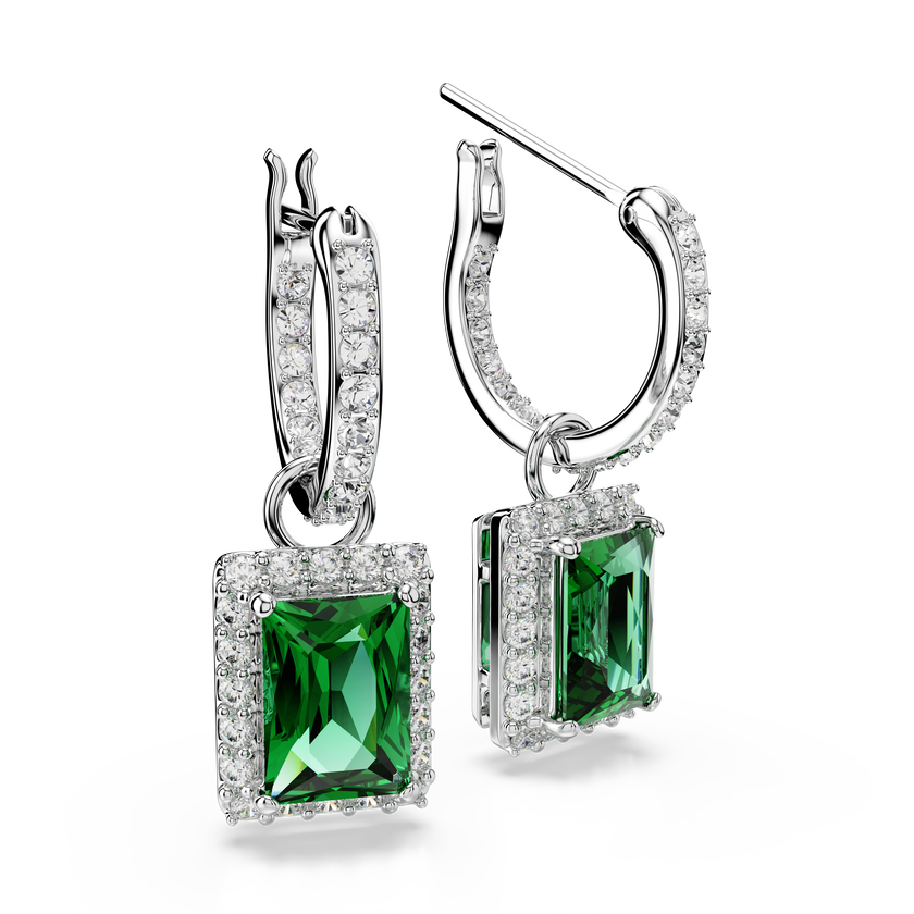 swarovski أقراط متدلية una angelic، قطع مستطيل، أحجار كريستال صغيرة متراصة، لون أخضر، طلاء روديوم