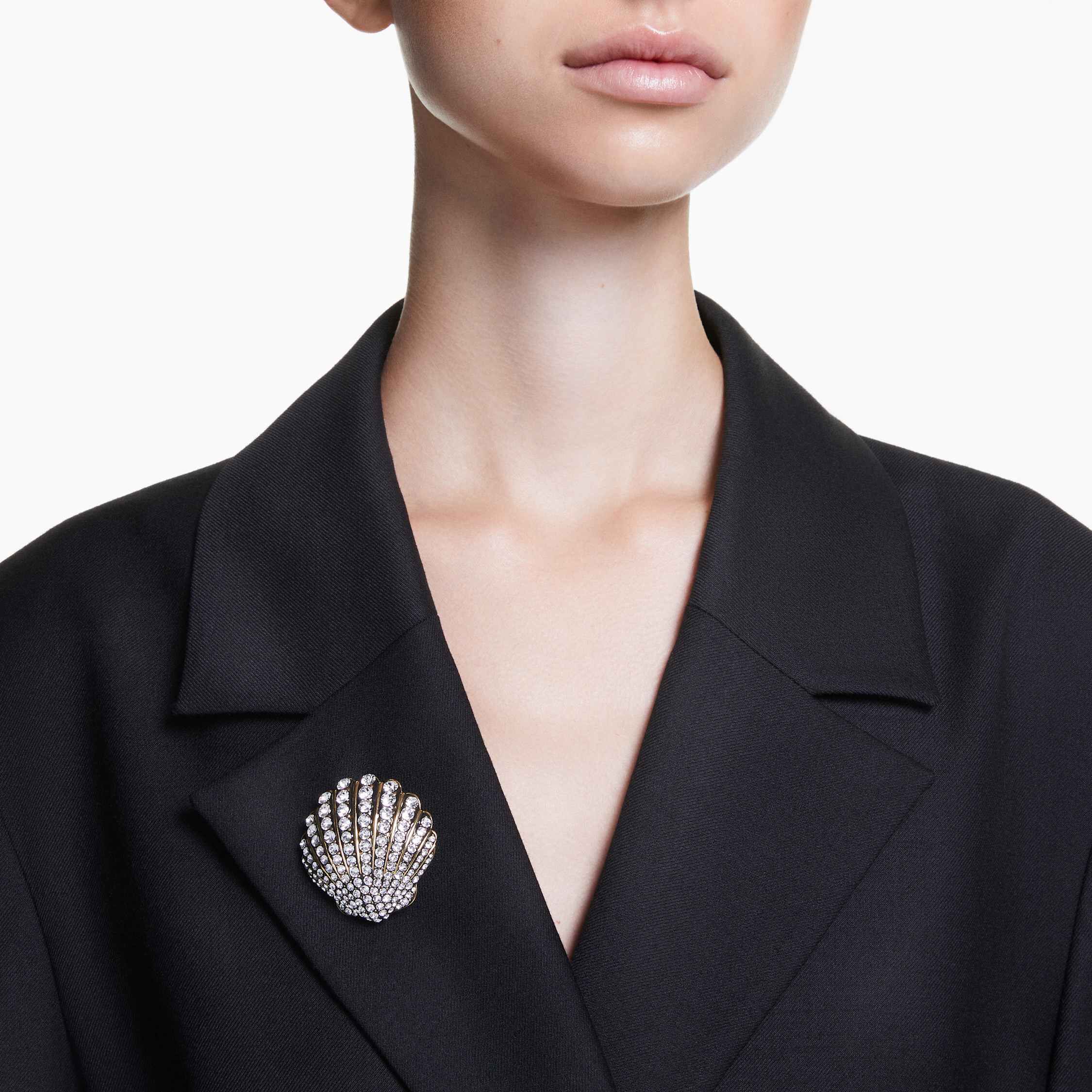 swarovski بروش idyllia، شكل صدفة، لون أبيض، طلاء بلون ذهبي