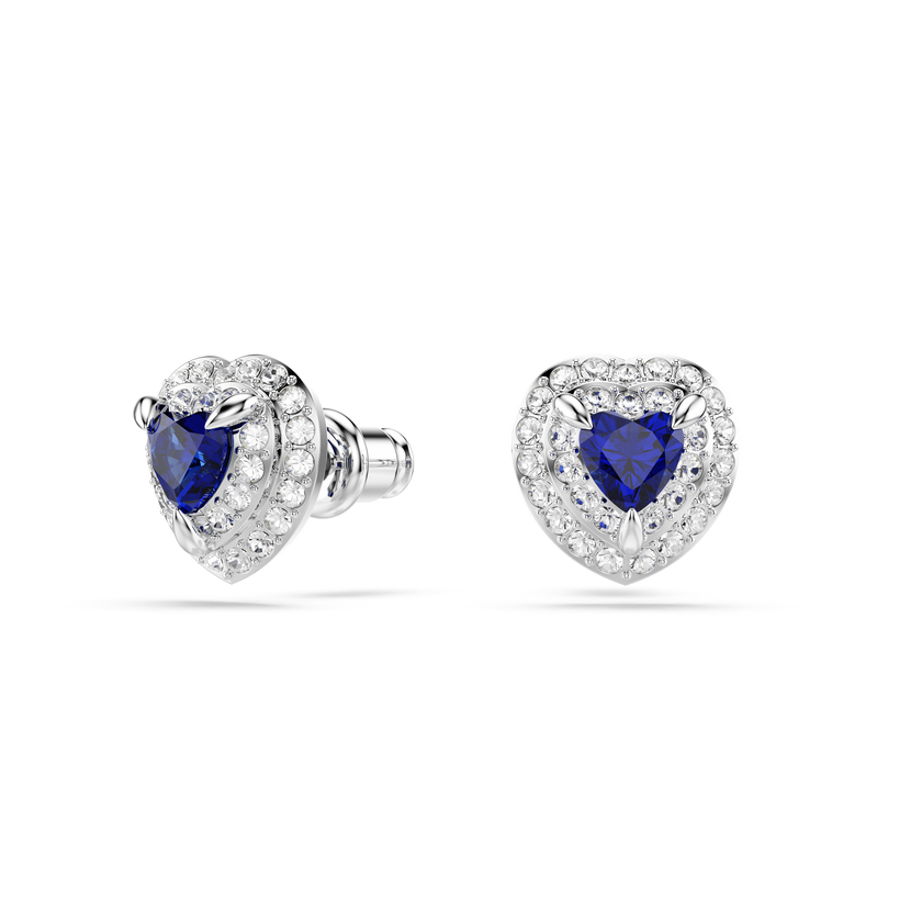 swarovski أقراط دبوسية one، قطع على شكل قلب، أحجار كريستال صغيرة متراصة، شكل قلب، لون أزرق، طلاء روديوم