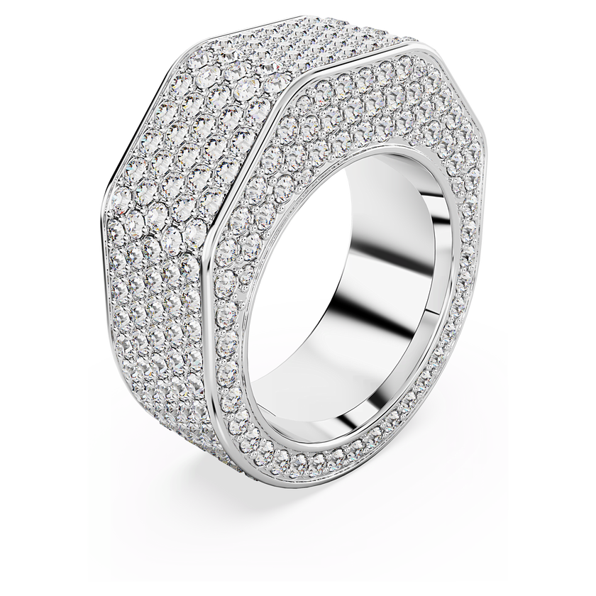 swarovski خاتم dextera، قطع مثمن، أحجار كريستال صغيرة متراصة، لون أبيض، طلاء روديوم