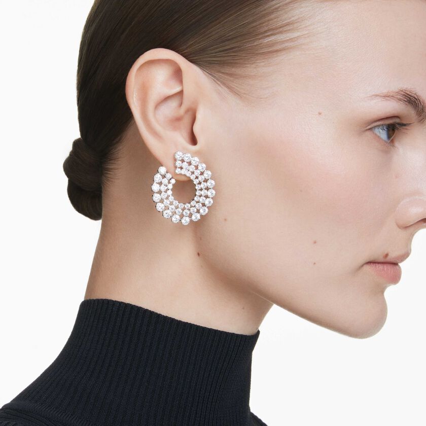 swarovski أقراط حلقية matrix، قطع مستدير متنوع، لون أبيض، طلاء روديوم