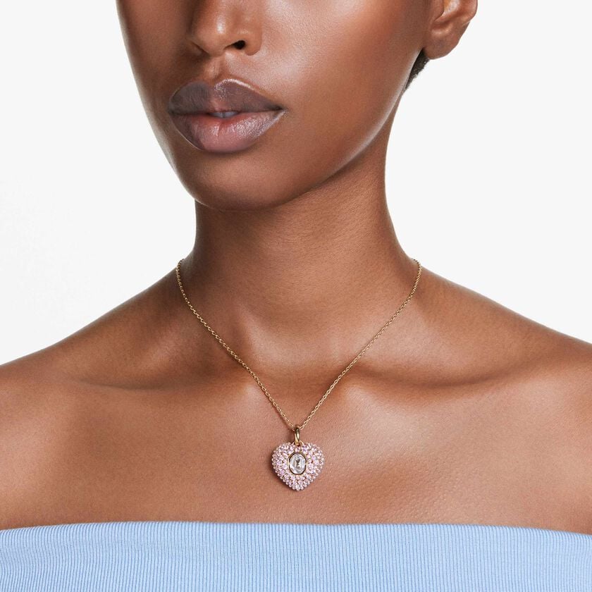 swarovski قلادة idyllia، قطع مُثَمَّن، لآلئ كريستال، على شكل قلب، لون وردي، طلاء بلون ذهبي
