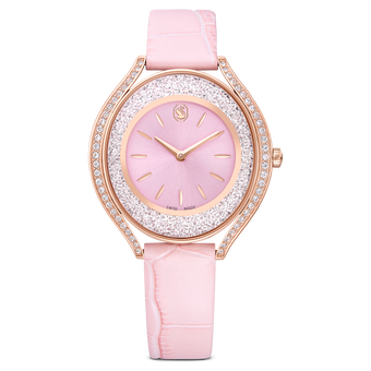 swarovski ساعة crystalline aura، صناعة سويسرية، سوار جلد، لون وردي، لمسة نهائية باللون الذهبي الوردي