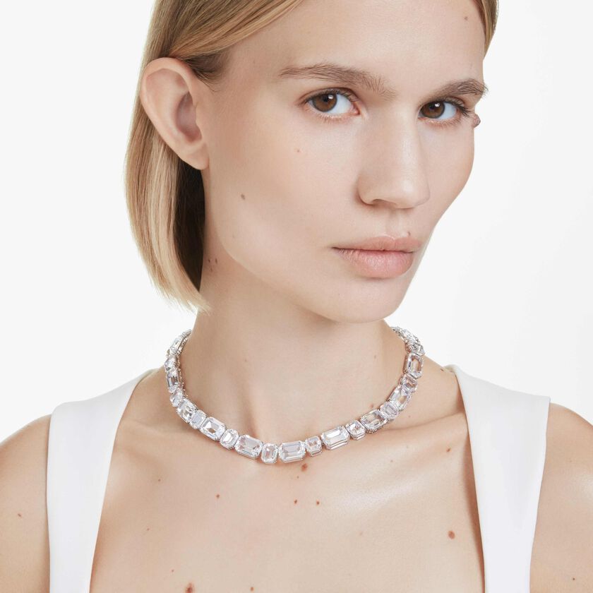 swarovski عقد millenia tennis، قطع مُثَمَّن، لون أبيض، طلاء روديوم