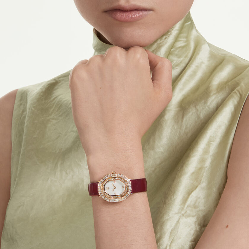 swarovski ساعة matrix مثمنة، حزام جلد، لون أحمر، لمسة نهائية بلون ذهبي وردي