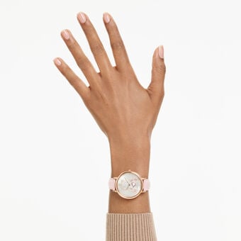 swarovski ساعة teddy، صناعة سويسرية، سوار جلد، لون وردي، لمسة نهائية باللون الذهبي الوردي