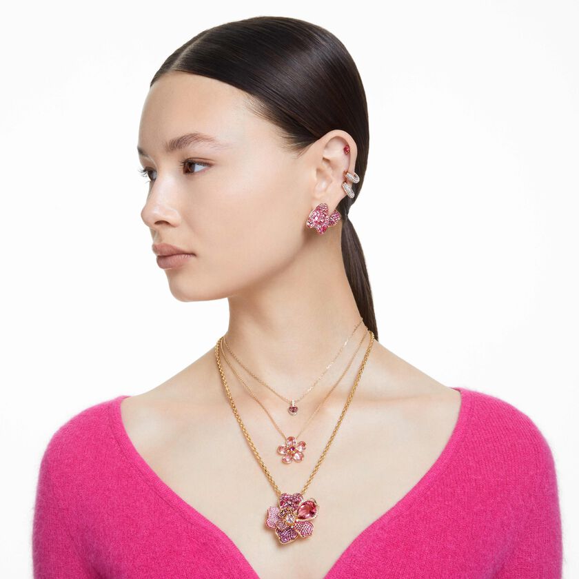 swarovski قلادة وبروش idyllia، كريستالات متراصة، على شكل زهرة، لون وردي، طلاء بلون ذهبي