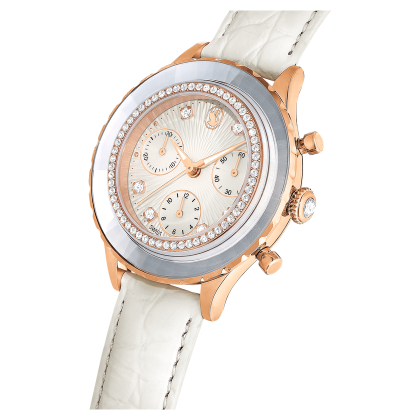 swarovski ساعة يد octea chrono، صناعة سويسرية، سوار جلد، لون أبيض، لمسة نهائية بلون ذهبي وردي