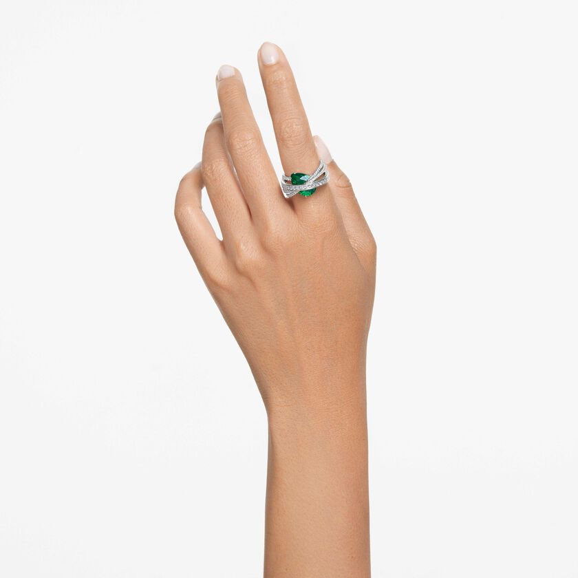swarovski خاتم كوكتيل hyperbola، زركونيا محايدة الكربون، قطع متنوع، إطار رباعي، لون أخضر، طلاء روديوم