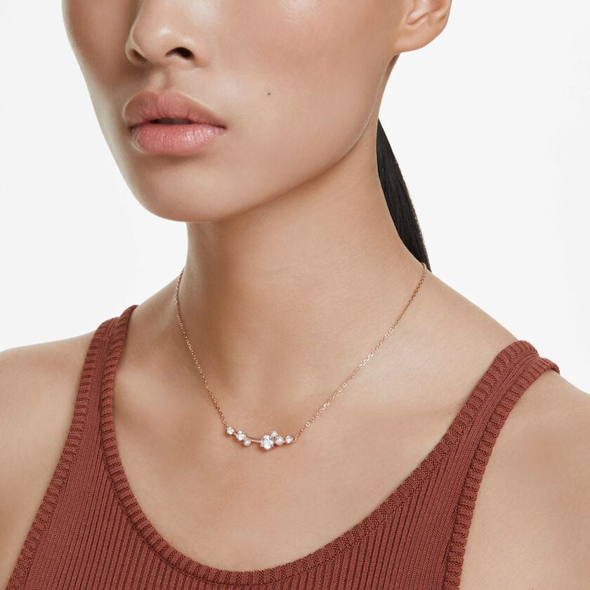 swarovski عقد constella، لآلئ كريستال، قطع مستدير، لون أبيض، طلاء باللون الذهبي الوردي