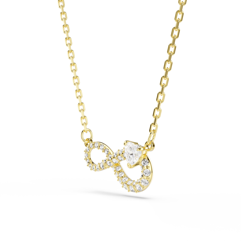 swarovski عقد hyperbola، قطع على شكل قلب، أحجار كريستال صغيرة متراصة، شكل إنفينيتي، لون أبيض، طلاء باللون الذهبي