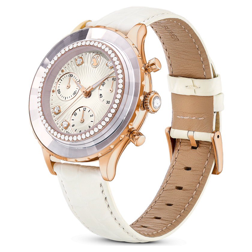 swarovski ساعة يد octea chrono، صناعة سويسرية، سوار جلد، لون أبيض، لمسة نهائية بلون ذهبي وردي