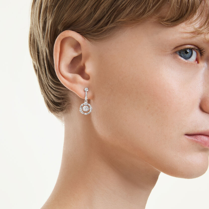 swarovski أقراط متدلية constella، قطع مستدير، حجر متراقص، لون أبيض، طلاء روديوم