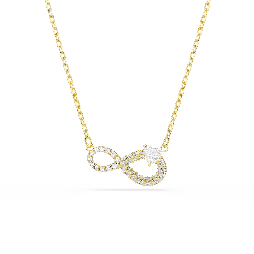 swarovski عقد hyperbola، قطع على شكل قلب، أحجار كريستال صغيرة متراصة، شكل إنفينيتي، لون أبيض، طلاء باللون الذهبي