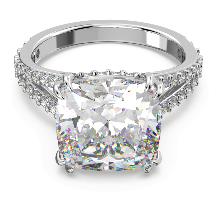 swarovski خاتم كوكتيل stilla، قطع مربع ،كريستالات متراصة، لون أبيض، طلاء روديوم