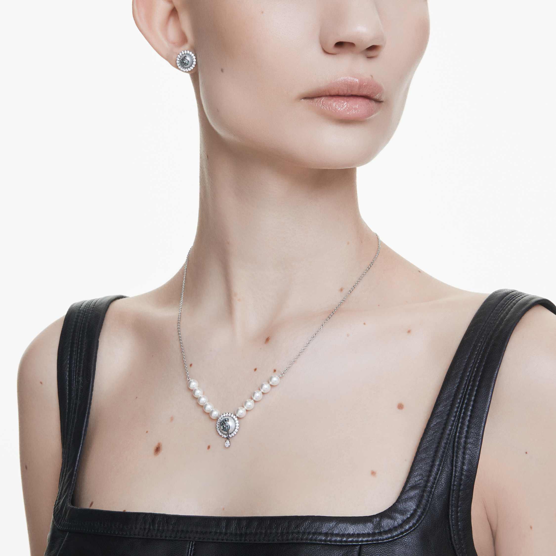 طقم swarovski swan، لؤلؤ كريستال، على شكل بجعة، لون رمادي، طلاء روديوم