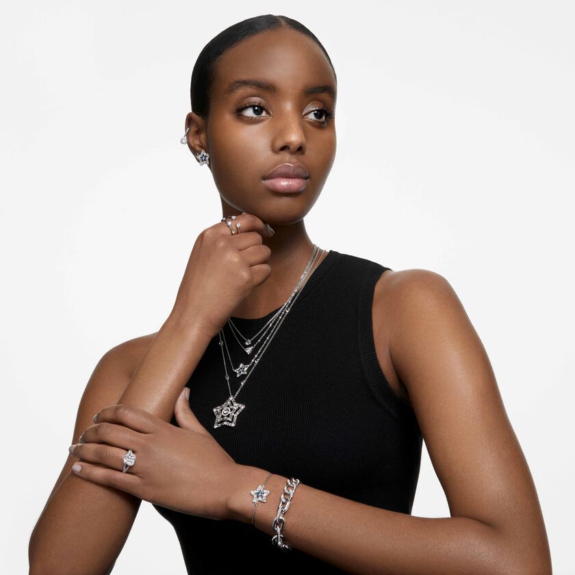 swarovski خاتم كوكتيل stilla، قطع مربع ،كريستالات متراصة، لون أبيض، طلاء روديوم
